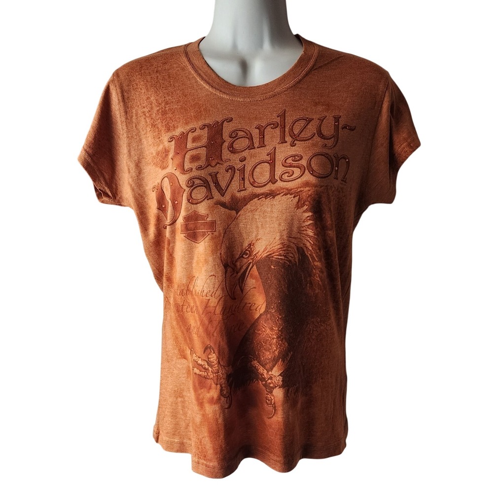 Harley-Davidson Womens Eagle Graphic T-Shirt Orange Acid Wash Tacoma WA Large - Picture 2 of 16